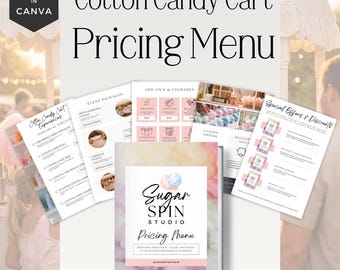 May include: A pricing menu for a cotton candy cart, featuring the text "Cotton Candy Cart Pricing Menu" and "Sugar Spin Studio." The menu includes sections for event packages, add-ons, and special offers. The design incorporates pastel colors and cotton candy graphics.