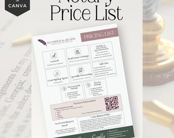 Mobile Notary Public Service List, Detailed Price List Template, Notary Marketing Tools,  Loan Signing Agent Price Sheet