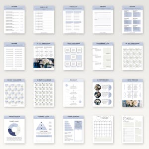 K&ouml;nnte beinhalten: Eine Sammlung druckbarer Planerseiten mit minimalistischem Design. Die Seiten verf&uuml;gen &uuml;ber &Uuml;berschriften, Checklisten, Challenge-Vorlagen und Diagramme. Das Farbschema ist haupts&auml;chlich Wei&szlig; und Hellblau, mit einem sauberen und organisierten Layout f&uuml;r Produktivit&auml;t und Planung.