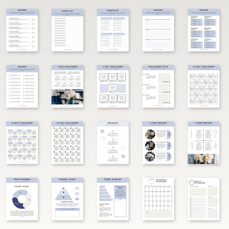 K&ouml;nnte beinhalten: Eine Sammlung druckbarer Planerseiten mit minimalistischem Design. Die Seiten verf&uuml;gen &uuml;ber &Uuml;berschriften, Checklisten, Challenge-Vorlagen und Diagramme. Das Farbschema ist haupts&auml;chlich Wei&szlig; und Hellblau, mit einem sauberen und organisierten Layout f&uuml;r Produktivit&auml;t und Planung.