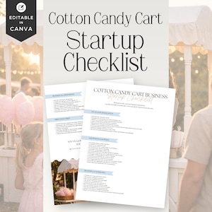 Puede incluir: Imagen de tonos claros que presenta un carrito de algodón de azúcar y una lista de verificación titulada "Cotton Candy Cart Startup Checklist". La lista de verificación incluye secciones sobre reservas, configuración legal, equipo y marca.