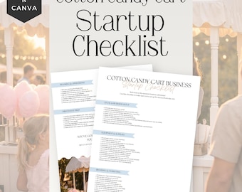 May include: A light-toned image featuring a cotton candy cart and a checklist titled "Cotton Candy Cart Startup Checklist." The checklist includes sections on booking, legal setup, equipment, and branding. The image also shows a young girl and a cotton candy stand.