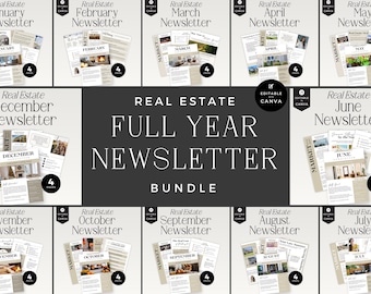 12 Month Real Estate Newsletter, Editable Canva Template, Realtor Marketing Kit, Monthly Posts Bundle - NRE002