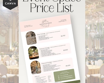 Event Space Price List, Editable Venue Rental Guide, Printable Wedding Pricing Template, Party Event Planner, Customizable Hire Brochure