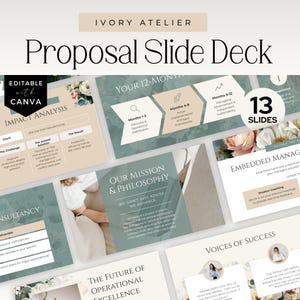 May include: A digital presentation template titled "Proposal Slide Deck" by Ivory Atelier. The design features a teal, beige, and white colour scheme with floral accents. The deck includes 13 slides with headings like "Impact Analysis" and "Our Mission & Philosophy".