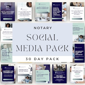 May include: A collection of social media graphics for notary services. The design features a navy blue, white, and light blue color scheme. Text includes "Notary Social Media Pack" and "30 Day Pack". The graphics offer services like notarization and emergency notary needs.