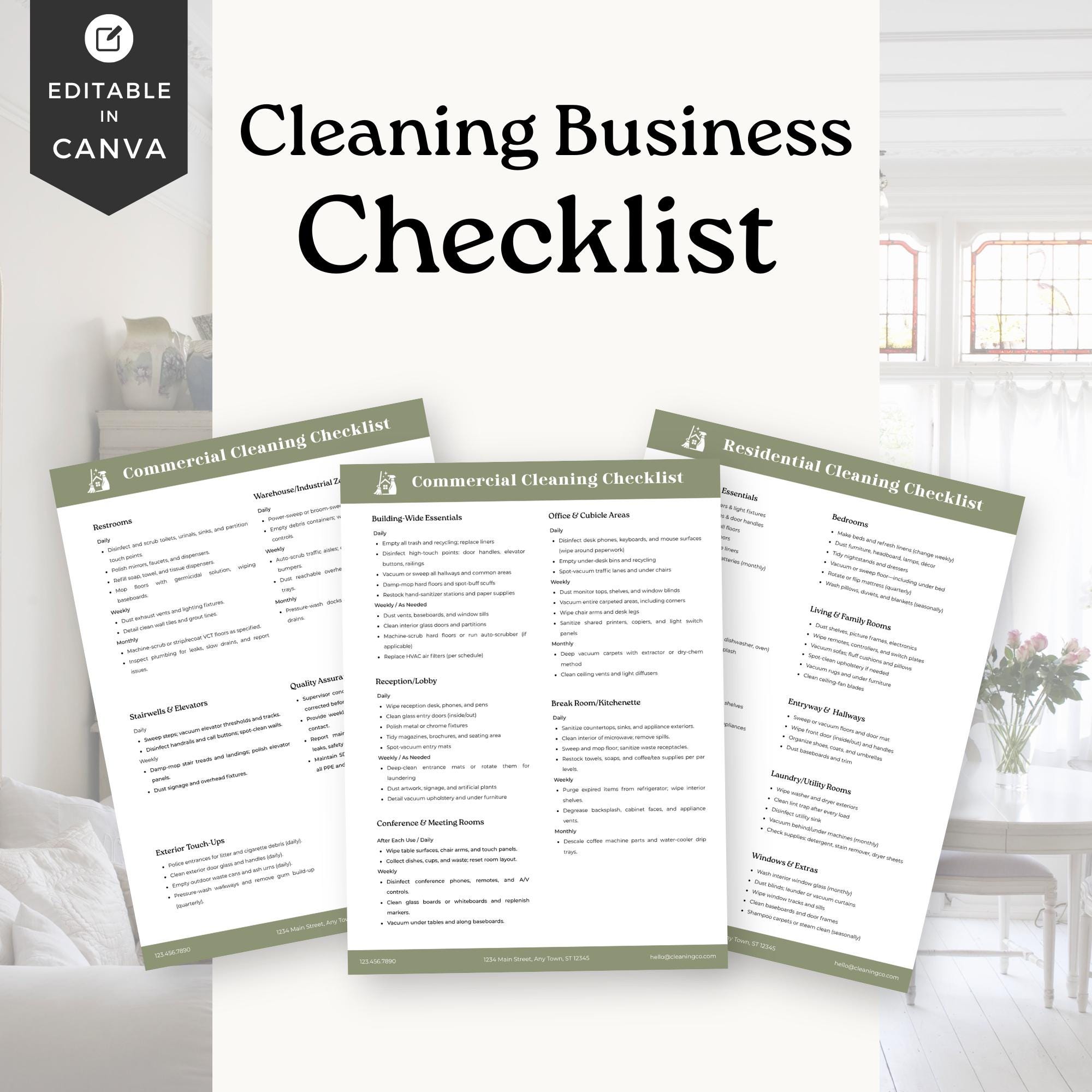 Cleaning Business Check List, Editable Cleaning Checklist, Business