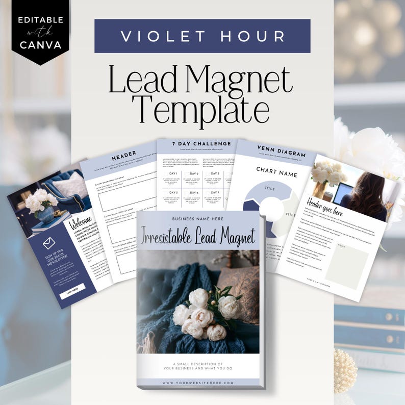 K&ouml;nnte beinhalten: Digitale Vorlagen f&uuml;r einen Lead-Magneten mit dem Text "Violet Hour Lead Magnet Template". Die Vorlagen umfassen eine Willkommensseite, eine 7-Tage-Challenge, ein Venn-Diagramm und einen Lead-Magneten mit dem Titel "Irresistable Lead Magnet".