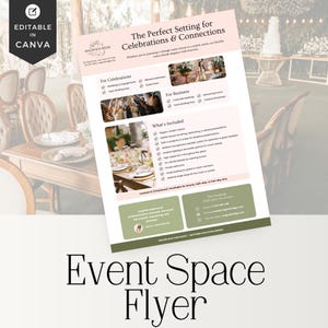 May include: A flyer for an event space, featuring the text "The Perfect Setting for Celebrations & Connections." The flyer includes details about celebrations and business events, with a list of included amenities. The words "Event Space Flyer" are at the bottom.