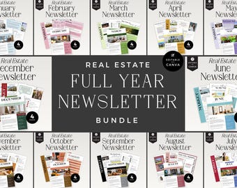 12 Month Real Estate Newsletter, Editable Canva Template, Realtor Marketing Kit, Monthly Posts Bundle - RE002