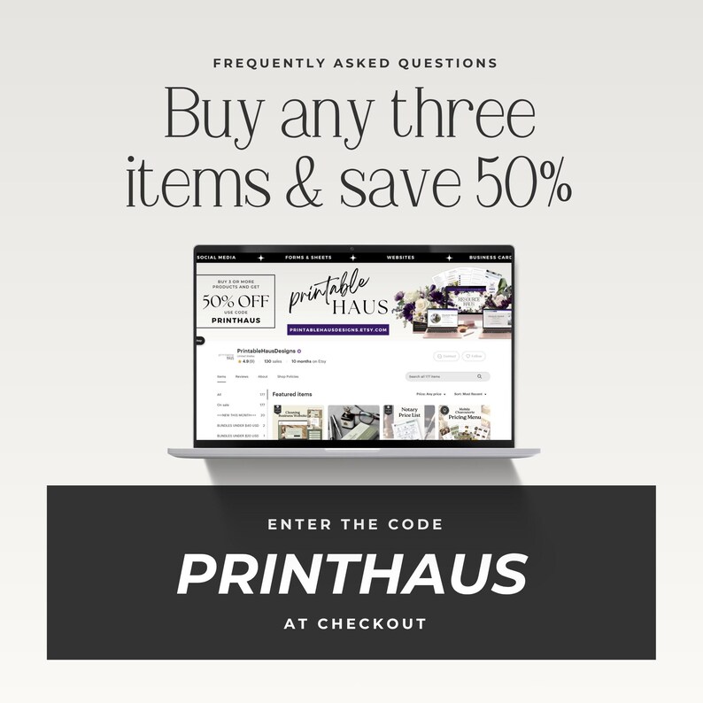 K&ouml;nnte beinhalten: Ein Laptop zeigt die Website "Printable Haus". Der Bildschirm zeigt ein Werbeangebot: "Kaufe drei Artikel und spare 50%". Darunter steht auf einem schwarzen Banner: "Geben Sie den Code PRINTHAUS an der Kasse ein."