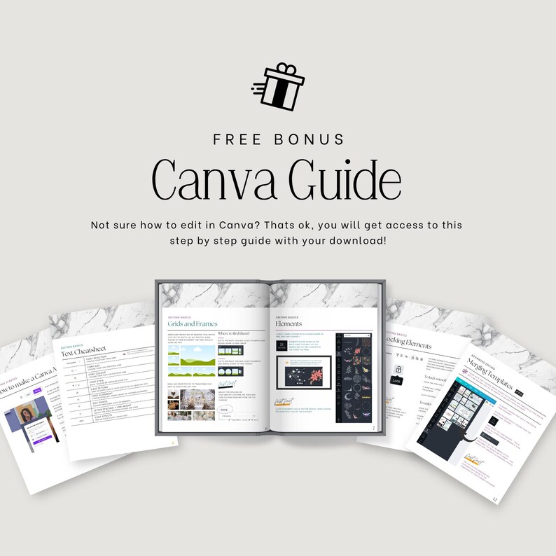 K&ouml;nnte beinhalten: Ein digitaler "Canva Guide" mit dem Text "Free Bonus" und einem Geschenk-Symbol. Der Leitfaden ist ge&ouml;ffnet und zeigt Seiten mit Grafiken und Text. Zus&auml;tzliche Seiten sind verstreut, mit dem Text "Test Cheatsheet" und "Merging Templates".
