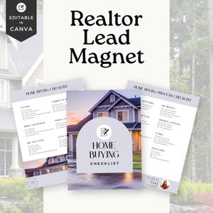 Puede incluir: Imagen promocional para profesionales inmobiliarios, con un diseño de "Lista de verificación de compra de vivienda". La imagen incluye una foto de una casa y el texto "Realtor Lead Magnet" y "Editable in Canva".