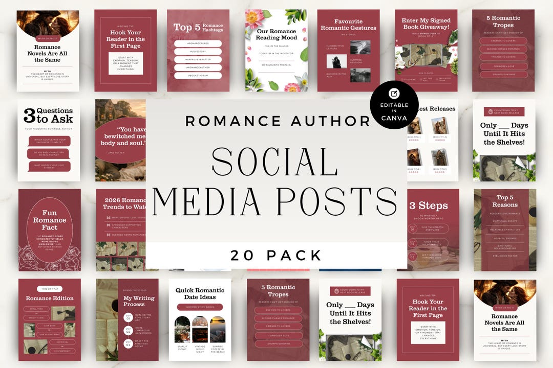 Romance Author Instagram Template, Editable Canva Template for Social ...