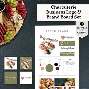 Puede incluir: Un conjunto de logotipo y tablero de marca para un negocio de charcutería. El diseño incluye una ilustración de acuarela de una tabla de charcutería, variaciones de logotipo, paleta de colores y tipografía. El texto incluye "The Grazing Collective" y "Editable in Canva."