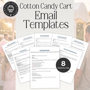 Può includere: Una raccolta di otto modelli di email stampabili per un'attività di carretto di zucchero filato. I modelli includono conferme di prenotazione, risposte alle richieste e conferme del giorno dell'evento. Il testo "Cotton Candy Cart Email Templates" è in alto.