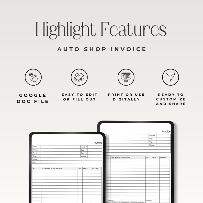 Auto Repair Order Work Form Template, Editable Mechanic Invoice ...