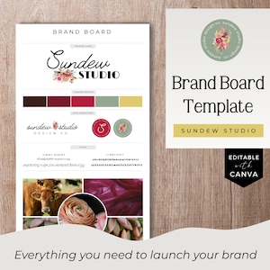 May include: A brand board template featuring the "Sundew Studio" logo and branding elements. It showcases a colour palette, logo variations, and font examples. The words "Brand Board Template" are displayed. The template is editable with Canva.