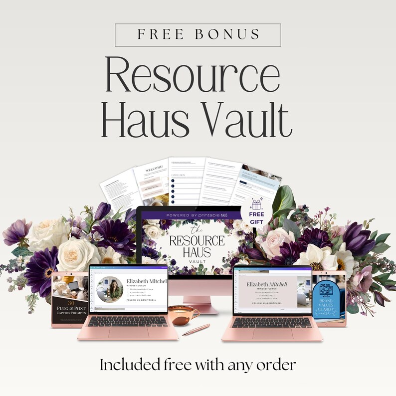 K&ouml;nnte beinhalten: Werbebild mit einem rosa Desktop-Computer, zwei Laptops und gedruckten Materialien. Der Text "Resource Haus Vault" und "Free Bonus" sind deutlich sichtbar. Blumenschmuck in Wei&szlig; und Lila umrahmt die Technologie.