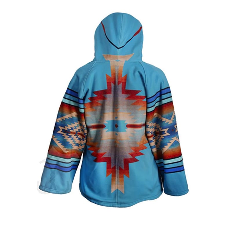 May include: A turquoise hooded jacket with a Southwestern-inspired design. The jacket features a central geometric pattern in shades of red, orange, and beige, with similar patterns on the sleeves. The hood has a red stripe.