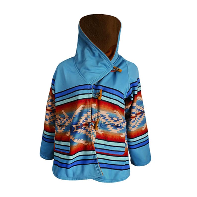 May include: A light blue jacket with a brown-lined hood and a Southwestern-inspired pattern in shades of red, orange, blue, and cream. The jacket features wooden toggle closures and a wrap-style design.