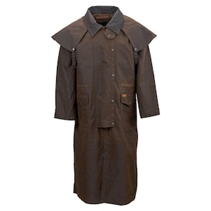 May include: A long, dark brown waxed canvas duster coat featuring a dark grey corduroy collar, a shoulder cape, long sleeves, and a front placket with metal snap button closures. The coat includes two large front pockets with snap-button flaps.