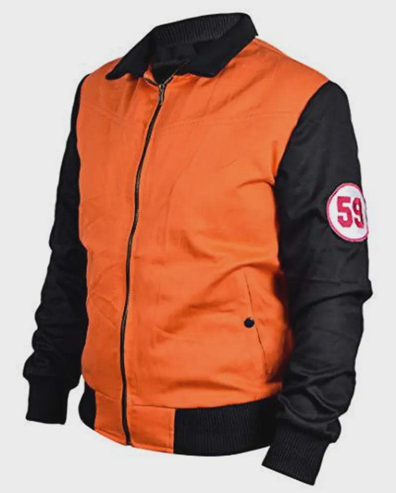 May include: Orange and black bomber jacket with a black collar and cuffs. The jacket has a zipper closure and a circular patch on the left sleeve with the number 59 in white and red. The jacket is a casual style.