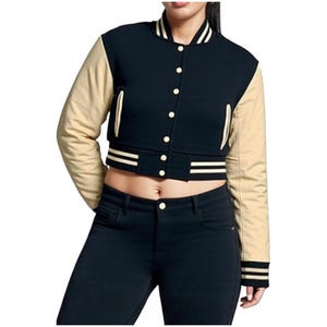 Cropped Letterman Jacket Woman - Long Leather Sleeve Baseball Varsity Jacket - Women Bomber Jacket