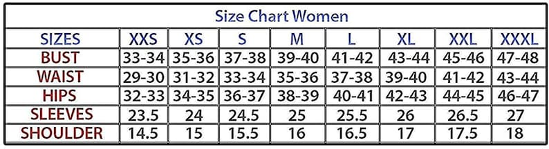 May include: A size chart for women's clothing, with measurements in inches. The chart includes sizes from XXS to XXXL, detailing bust, waist, hips, sleeve, and shoulder measurements for each size. The text "Size Chart Women" is at the top.