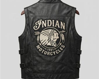 Indian Motorcycle Leather Vest Men – Black Biker Vest with Back Patch – Motorcycle Riding Vest – Vintage Biker Sleeveless – Rider Club Style