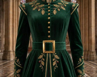 Emerald Green Velvet Coat, Gothic Victorian Coat, Renaissance Velvet Coat, Gold Embroidered Long Coat, Medieval Inspired Coat