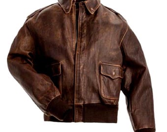 A2 Aviator Leather Jacket | Classic Flight Bomber Jacket for Men | WWII Pilot Style Brown Cowhide Jacket | Vintage Military Air Force Jacket
