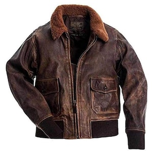 Blouson en cuir aviateur G-1 | Bomber marron vintage pour homme | Blouson aviateur avec col en peau de mouton retourné | Manteau pilote classique en cuir
