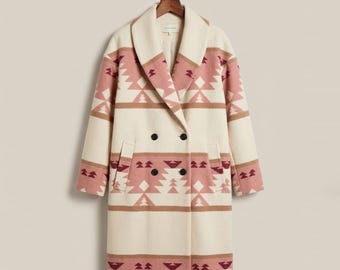Yellowstone Inspired Western Aztec Coat for Women | Beth Dutton Style Pink & Cream Wool Blend Jacket | Boho Southwest Winter Coat