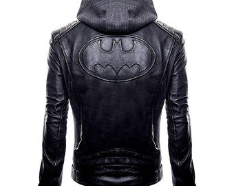 Batman Leather Hoodie Jacket | Men's Black Bat Symbol Motorcycle Jacket | Superhero Cosplay Costume Jacket | Real Leather Hooded Jacket