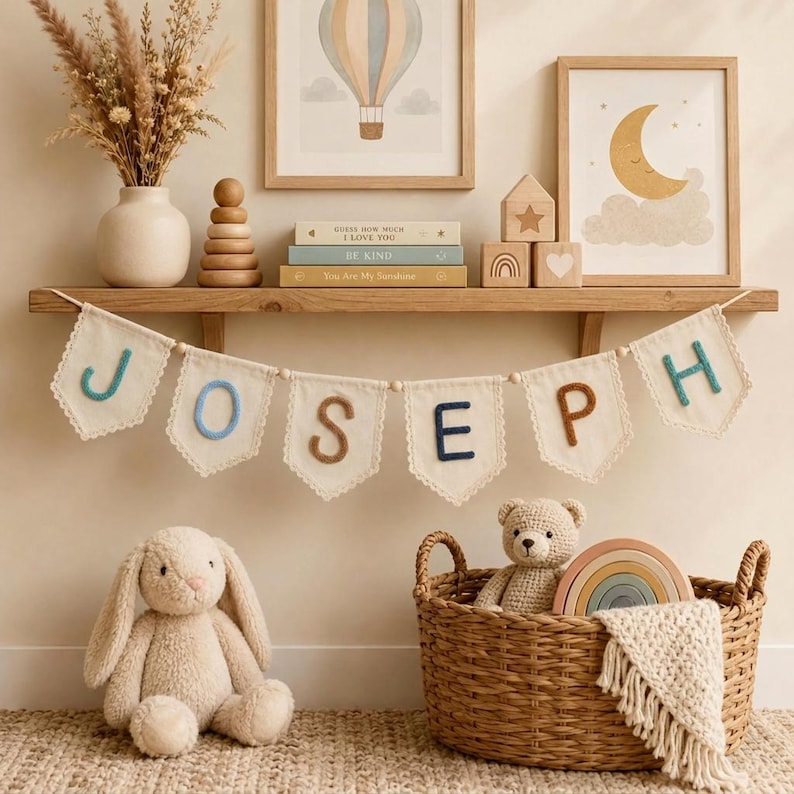 May include: A fabric banner featuring the name JOSEPH in felt letters, suspended below a wooden shelf. The shelf holds a vase with dried flowers, a wooden stacking toy, three books, and three wooden blocks. A plush bunny and a woven basket sit below.