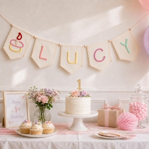 May include: A cream-colored fabric banner with scalloped edges features a stitched cupcake icon and the name LUCY in pastel yarn letters. Below, a white cake with a gold number 1 topper, cupcakes, a framed sign, and a gift box are displayed.