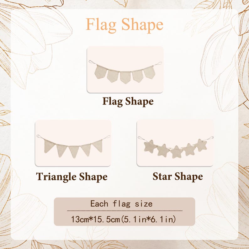 May include: A set of three beige felt bunting garlands featuring different shapes: flag, triangle, and star. Each individual piece measures 5.1 inches by 6.1 inches. The text 'Flag Shape', 'Triangle Shape', and 'Star Shape' labels each design.