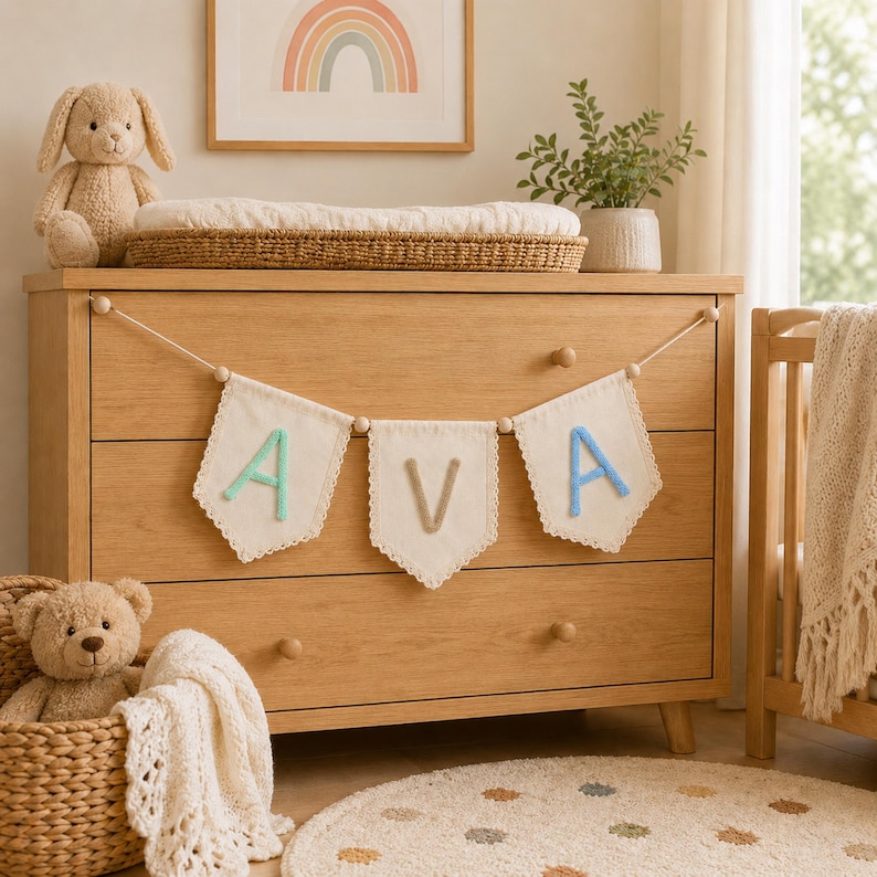 May include: A decorative fabric banner featuring three off-white pennants with scalloped edges, strung on a cord with wooden beads. The pennants display the letters A, V, and A in raised, soft-textured mint green, beige, and light blue yarn.