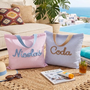 Borsa tote da donna con monogramma, borsa per tutti i giorni, borsetta a tracolla in tela, accessorio perfetto per un addio al nubilato in stile costiero, borsa trapuntata a mano