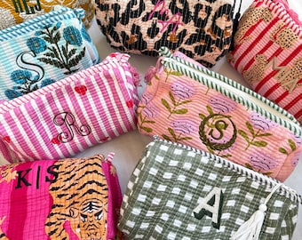 Pochette per cosmetici in cotone trapuntato con stampa a blocchi / Pochette personalizzata per viaggi, regalo per insegnanti