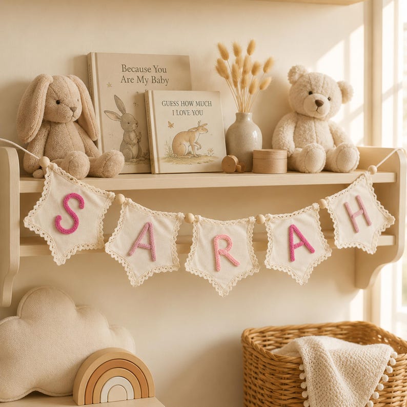 May include: A decorative banner featuring five off-white fabric star-shaped pennants with crocheted edges, each displaying a pink letter to spell the name SARAH. The banner is hung on a shelf alongside a plush rabbit, a teddy bear, and two books.