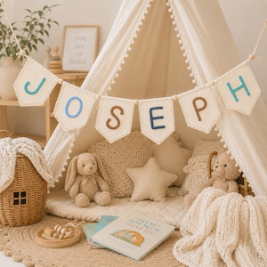 May include: A decorative fabric bunting banner featuring individual pennants that spell out the name JOSEPH in blue and brown embroidered letters. Each off-white pennant is trimmed with white lace and connected by a string with wooden beads.