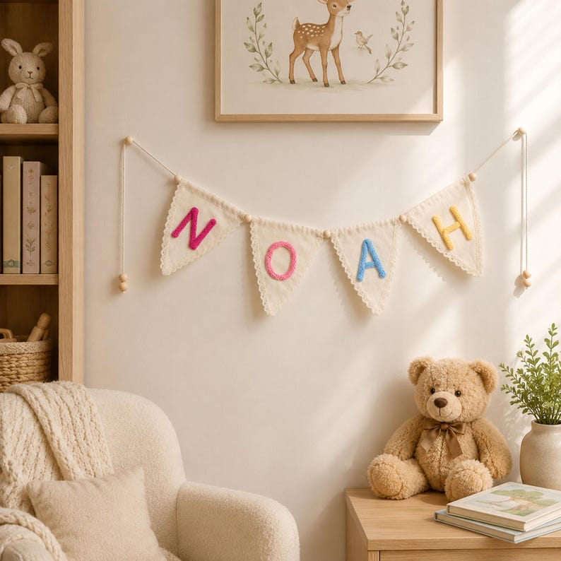 May include: A fabric bunting banner featuring four triangular pennants with scalloped edges, each displaying a single embroidered letter in pink, yellow, or blue, spelling the name NOAH, suspended by a white cord with wooden beads.