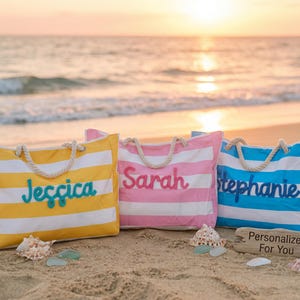 Sac fourre-tout de plage en toile personnalisé avec fil épais collé à la main avec fermeture éclair en chenille, cadeau de voyage pour filles monogramme week-end pour petite amie