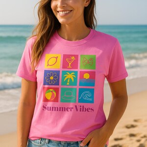 Summer Vibes Graphic Tee, Fun Retro Summer Icons T-Shirt, Bright Beach Shirt, Cute Vacation Tee, Summer Colors, Unisex Fit