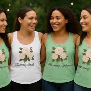 Bridesmaid Racerback Tank, White Peony Design, Wedding Party Shirt, Women&#39;s Floral Tank, Gift for Bridesmaid, Bridal Party Top, Bachelorette