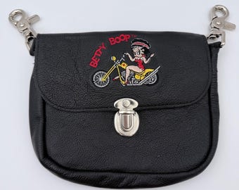Marsupio in pelle Betty Boop, stile motociclista, ricamato, nero, Y2K