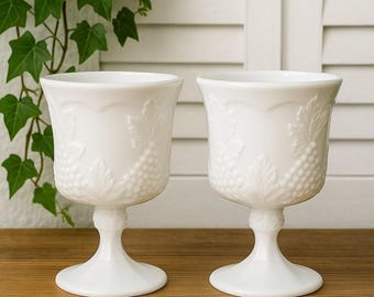 Pair Vintage Indiana Glass Milk Glass Harvest Grape Pedestal Goblets White