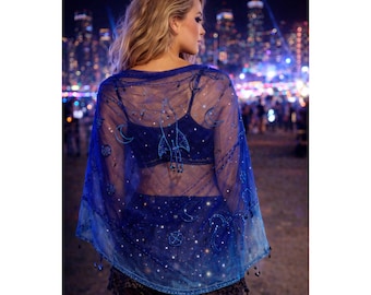 Sterling Styles Y2K Beaded Celestial Sheer Scarf Rocket Moon Star Wrap